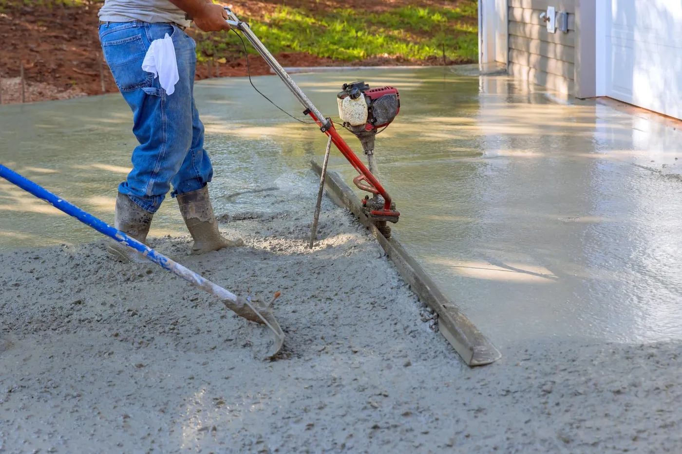 A cement-based overlay being spread with a squeegee across a prepped concrete slab