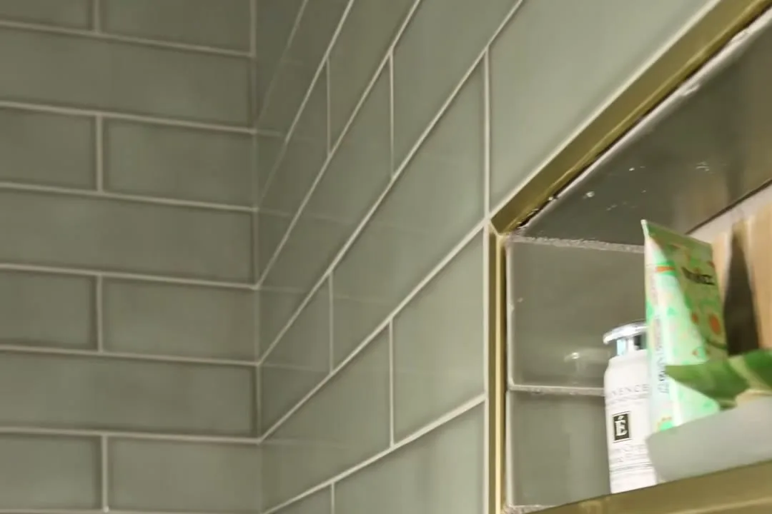 Tiled shower niche with a metal edge and a plant on the shelf